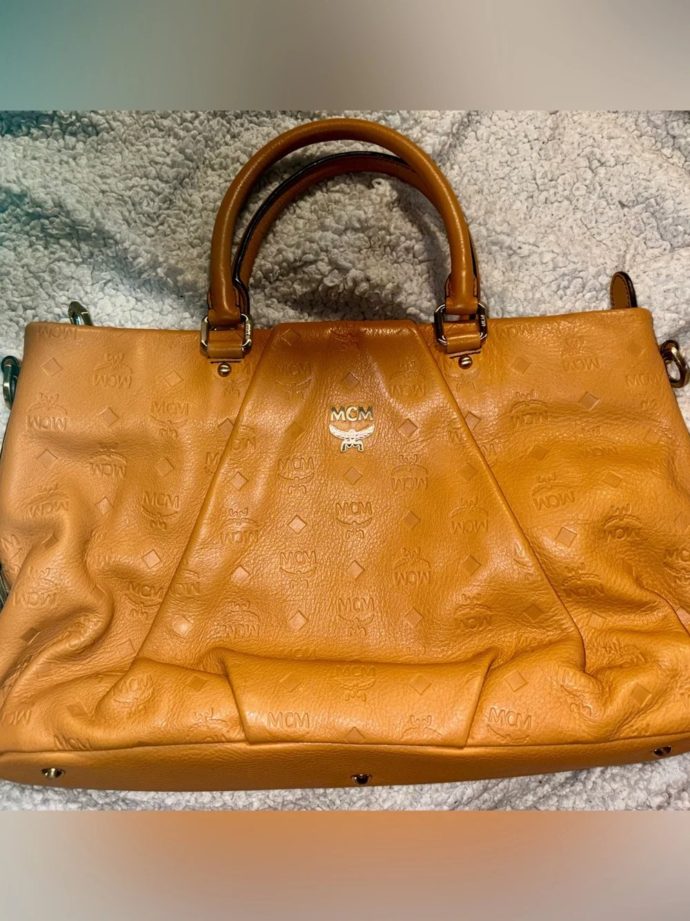 MCM Cognac Embossed Full Leather Tote with Top Handles & Long Strap - LIKE NEW